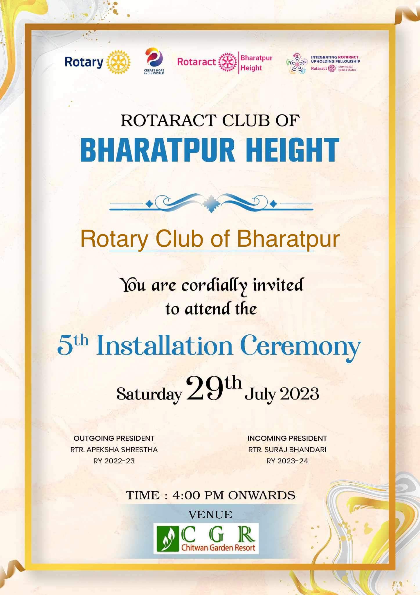 5th Installation ceremony of Rotaract Club of Bharatpur Height